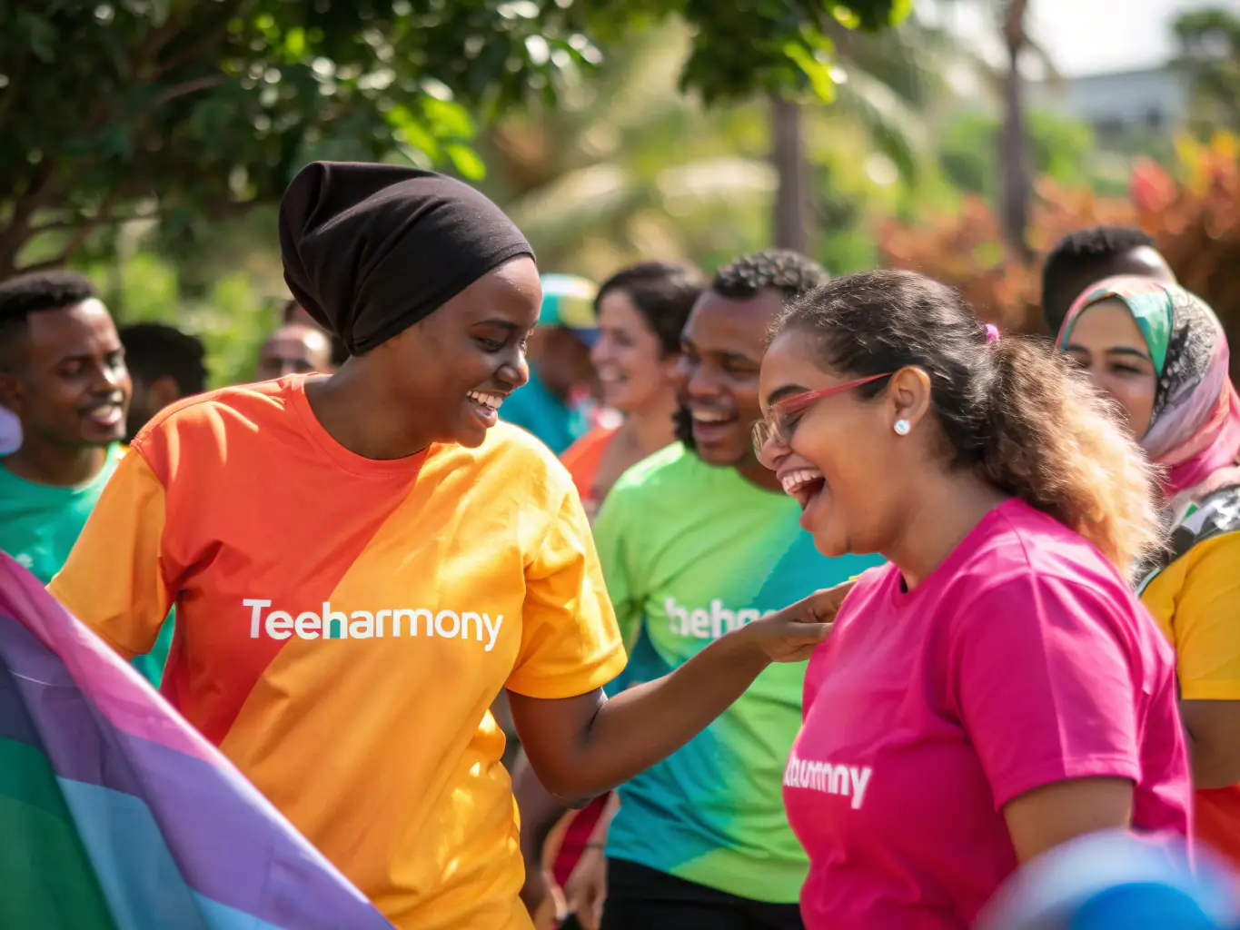 A vibrant image showcasing a diverse group of community members proudly wearing custom-branded apparel from their ProphetPrint store, set against the backdrop of their place of worship.